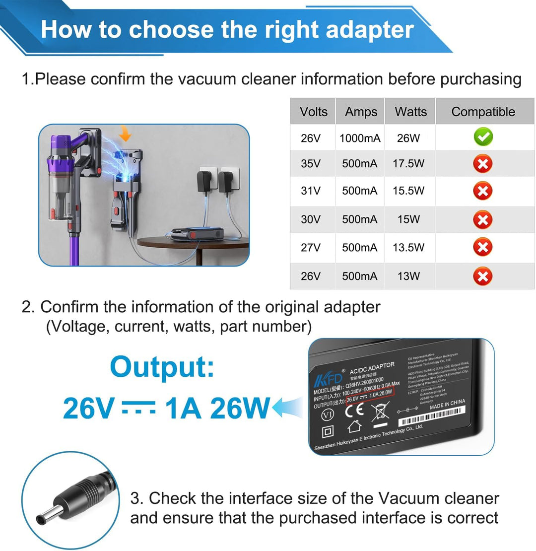 KFD Universal 26V 1A Netzteil Ladegerät Ladekabel für Akitas V8 22,2V Akku-Staubsauger Levoit LVAC-1