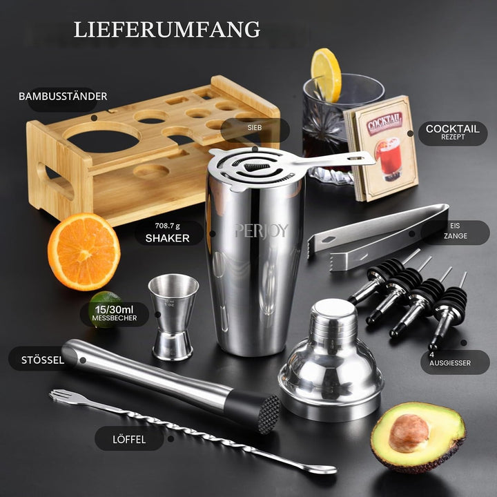 Perjoy 12pcs Cocktail Shaker mit Ständer, Rostfreie Stähle Cocktail Set Mit Doppelten Jigger, Einer