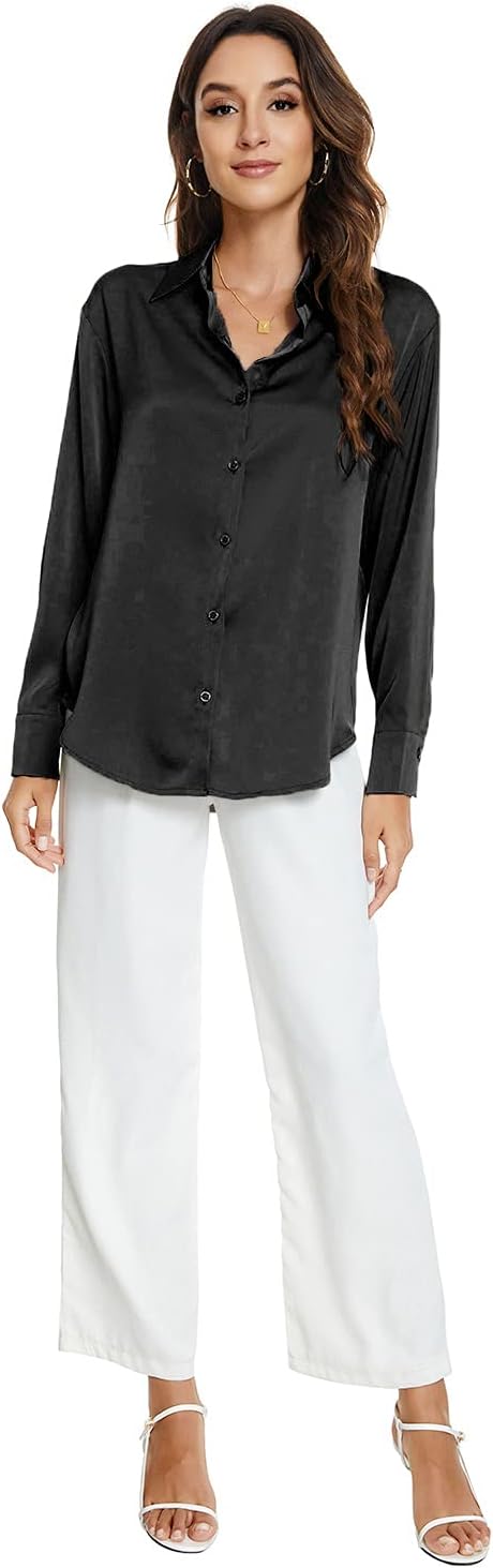 Atnlewhi Damen Bluse Langarm Knöpfen Satin Seide Hemden Basic Kent Kragen Arbeit Büro Formelle Casua