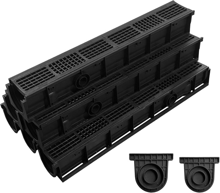 6m Entwässerungsrinne mit B125 HDPE-Abdeckrost - 1000 x 155 x 140 mm - Bodenrinne Ablaufrinne für Ga