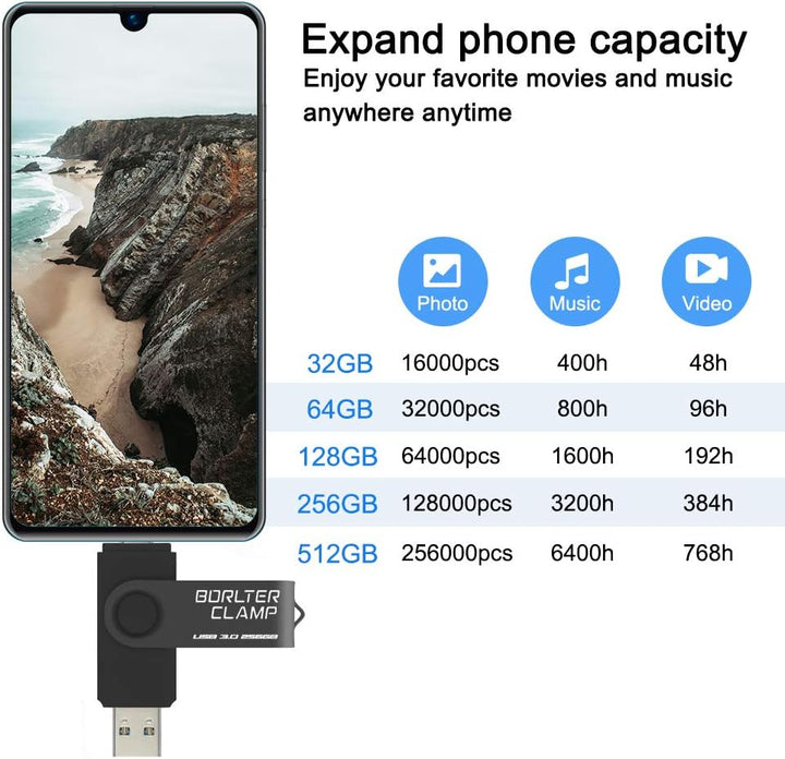 BORLTER CLAMP 256GB USB-Stick 2 in 1 Dual Port USB 3.0 Speicherstick OTG Flash-Laufwerk für Micro-US