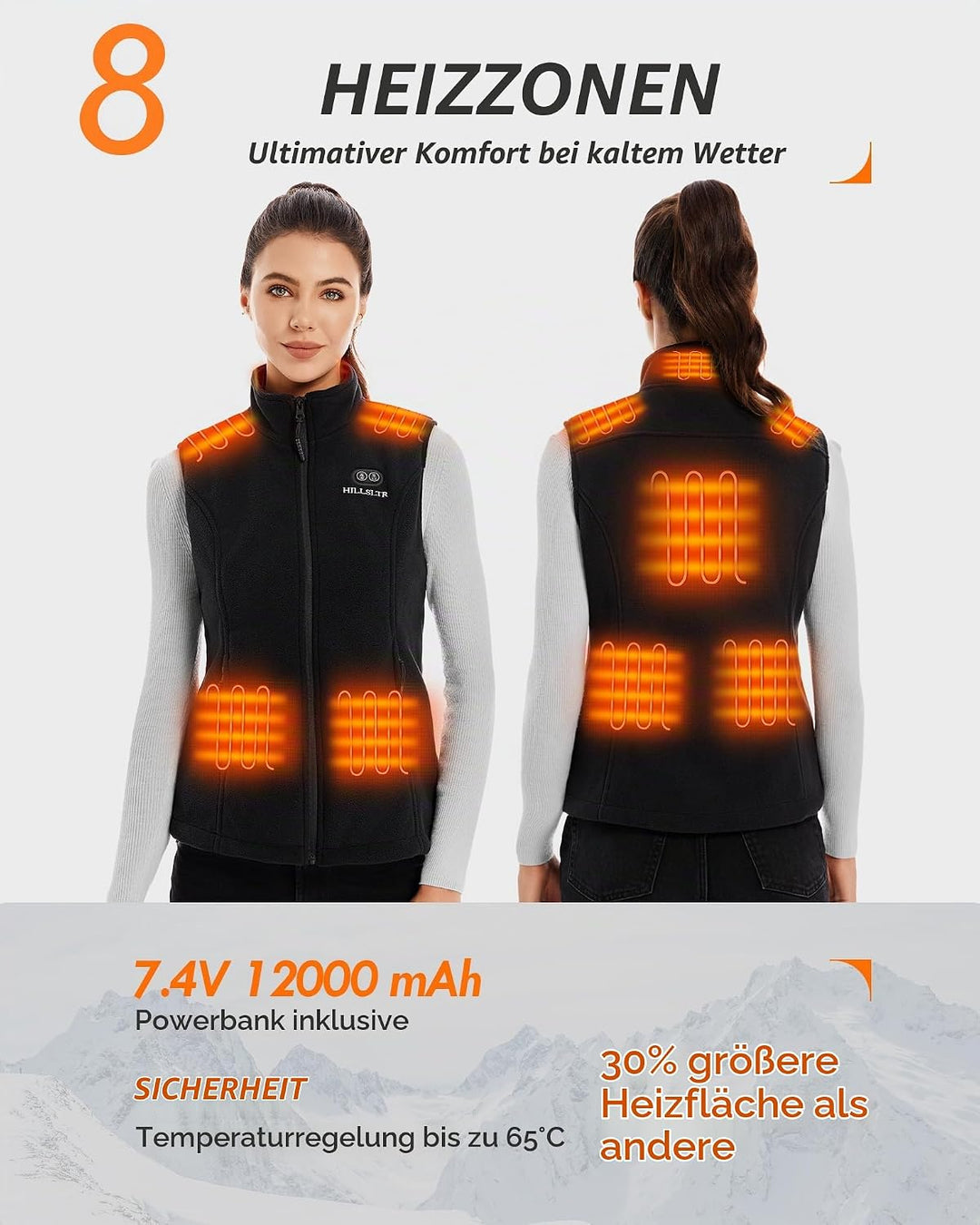 Beheizbare Weste, Fleece Heizweste Damen mit Powerbank 7.4V 12000mAh, Heizweste mit 8 Heizzonen, Beh