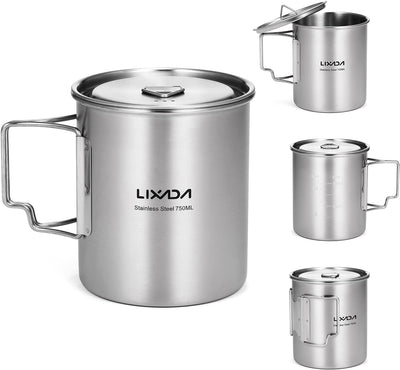 Lixada Camping Topf Edelstahl Titan Tasse Becher 750ml mit Faltbaren Griffe und Deckel Outdoor Kocht