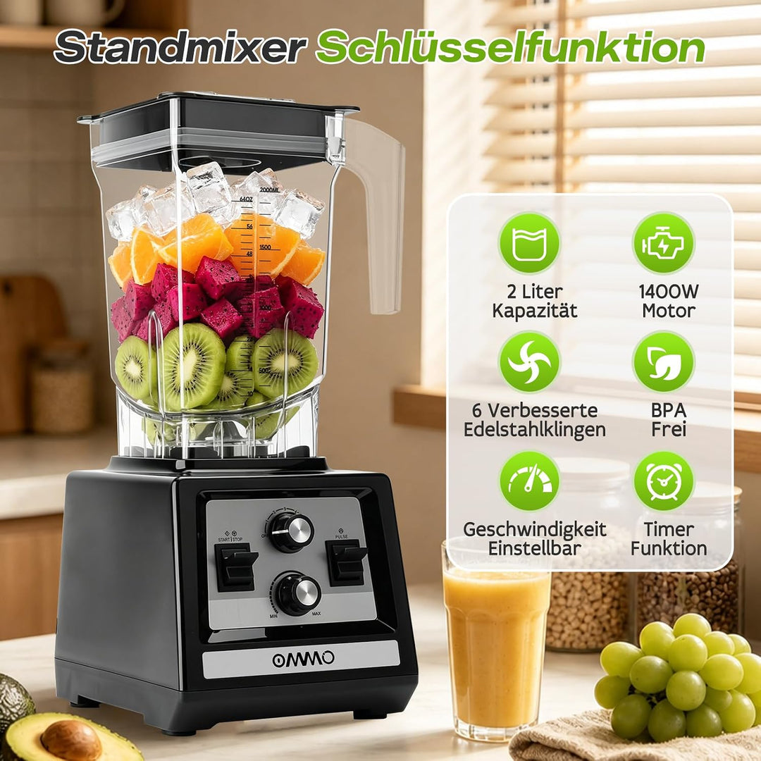 OMMO 2L Standmixer Hochleistungsmixer, Mixer Smoothie Maker Max 1800W | für Eisbrechen, Milkshakes,