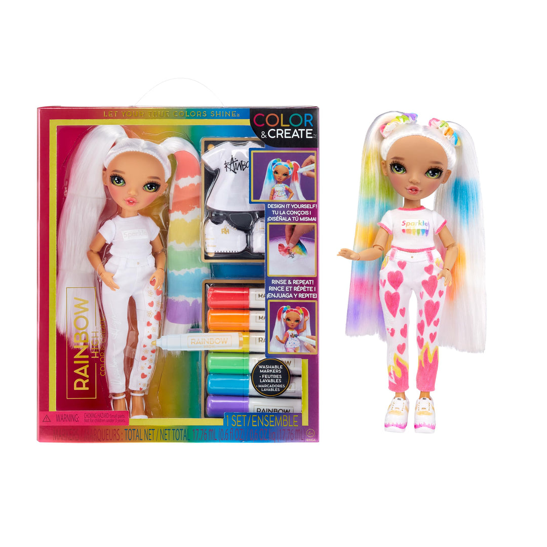 Rainbow High Color & Create DIY Modepuppe - Grüne Augen, Zöpfe, extra Top & Schuhe, abwaschbare Rege