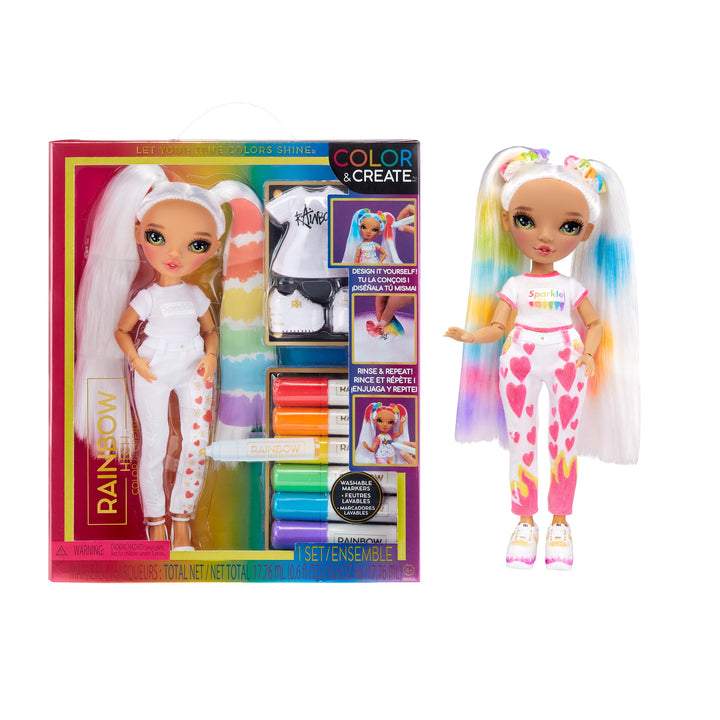 Rainbow High Color & Create DIY Modepuppe - Grüne Augen, Zöpfe, extra Top & Schuhe, abwaschbare Rege