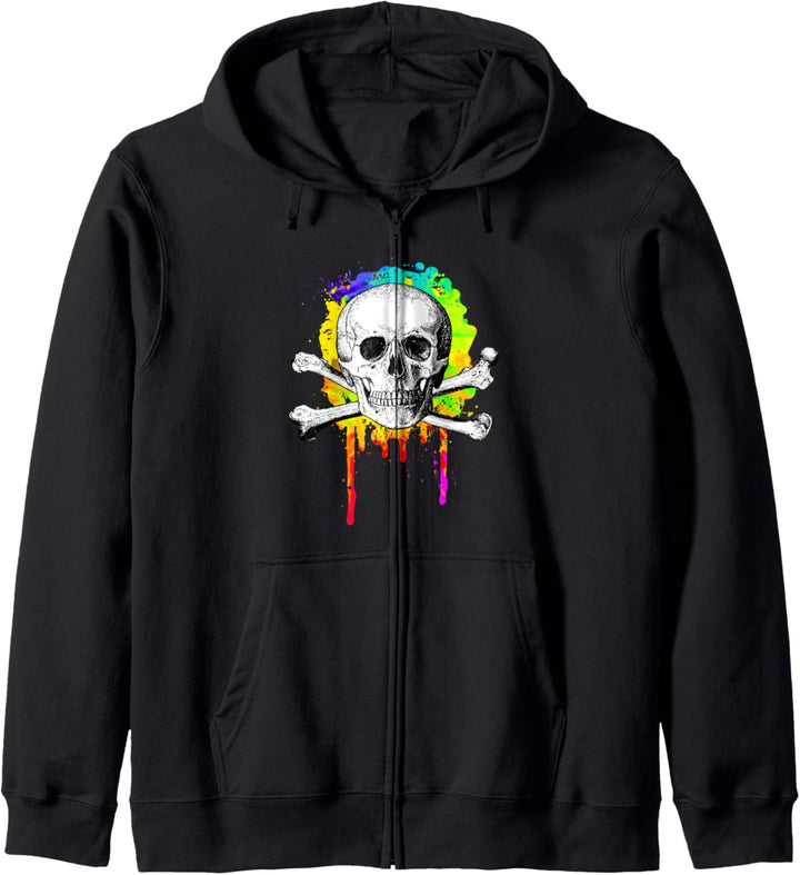 Totenkopf mit gekreuzten Knochen auf Regenbogen bunt tropfender Spritzer Jungen Kapuzenjacke