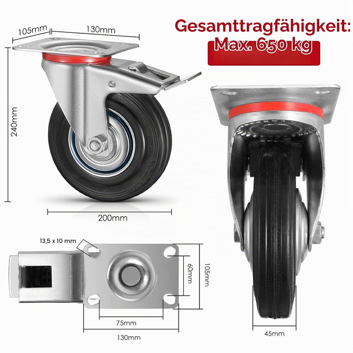 4 Stück Schwerlastrollen 200mm Lenkrollen Transportrollen mit Bremse bis 650kg Palettenrollen Rollen