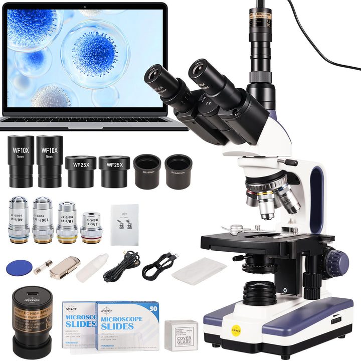 SWIFT SW350T Trinokulares biologisches Mikroskop 40–2500× mit EC5R 5‑MP USB-Okular, 1 W LED, Abbe‑Ko