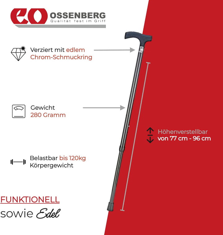 OSSENBERG Carbonstock mit Fritzgriff - Verstellbarer Gehstock - Gehhilfe mit hoher Belastbarkeit - S