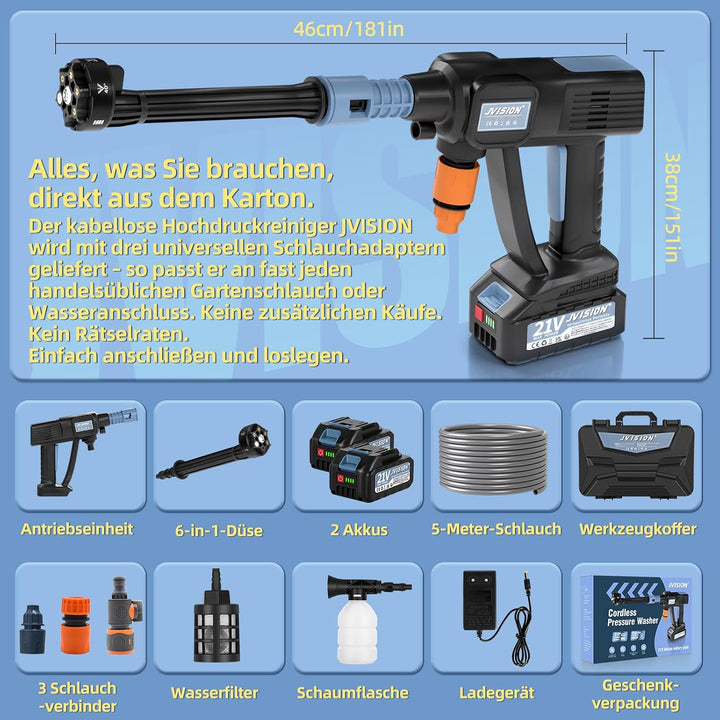 JVISION Akku Hochdruckreiniger Mobiler mit Wasserhahnanschluss &amp; 2X 4000mAh Akku, Kabelloser Pressur