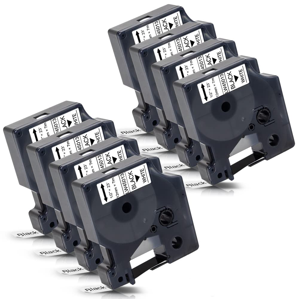 8x Labelwell 12mm 0.47 Kompatibel für Dymo D1 45013 45013s S0720530 Schwarz auf Weiss Etikettenband
