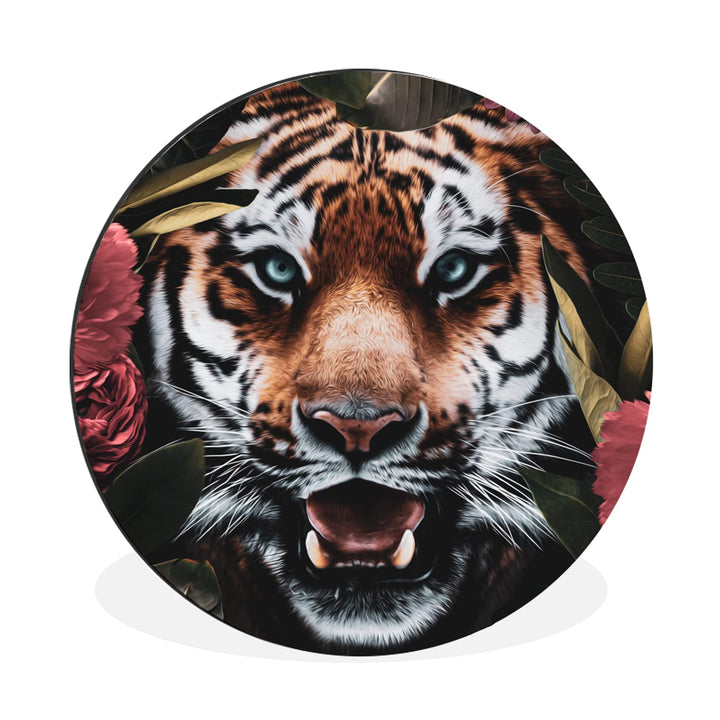 MuchoWow Wandbild Rund Wanddeko Deko Wohnzimmer Bilder 90x90 cm Tiger - Blumen - Dschungel, 90x90 cm