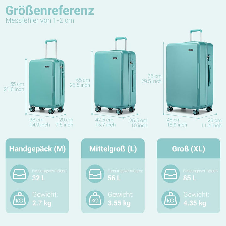 KONO Kofferset 3 Teilig Hartschale Leicht ABS+PC Koffer Handgepäck/Mittelgross/Gross Reisekofferset