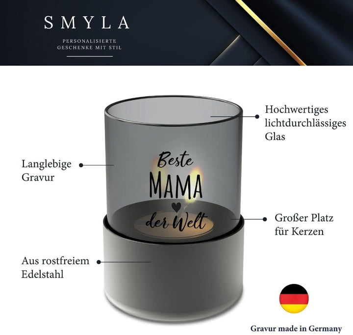 Smyla Windlicht mit Gravur aus Glas und Edelstahl | Beste Mama der Welt | Muttertagsgeschenk Geschen