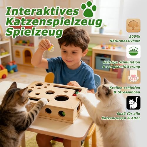 Holz Katzenspielzeug mit Federstab &amp; Glockenbällen, 30 * 25CM Interaktives Kratzpuzzle Spielbox, Kat