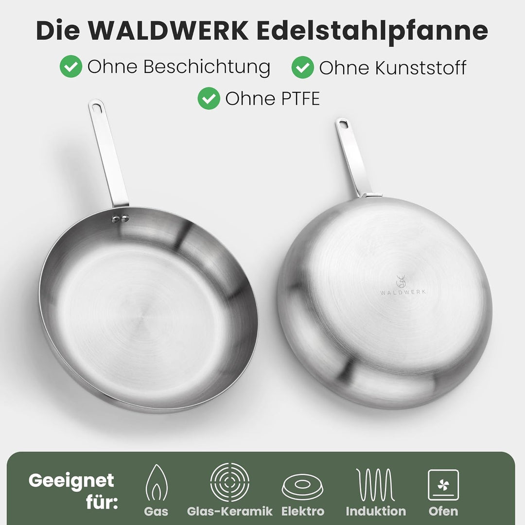 WALDWERK Edelstahlpfanne 28 cm - Induktionsgeeignet und Ofenfest - Pfanne aus Edelstahl mit Lederübe