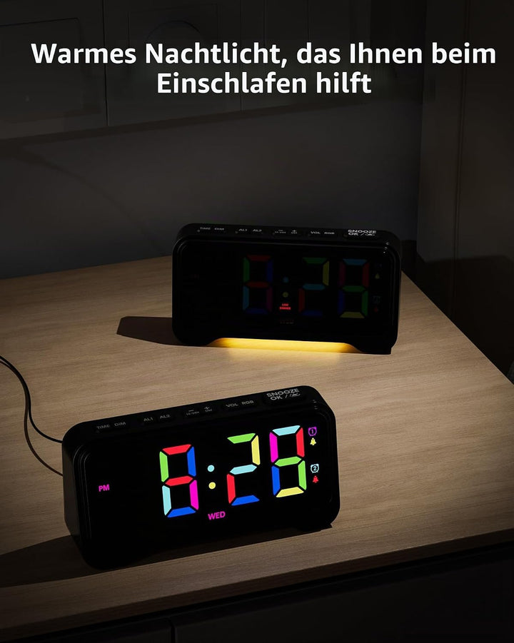 ROCAM LED Wecker Digital mit Grossen Zahlen, Nachttisch Wecker mit Typ-C &amp; USB-Ladeanschluss, Dualer