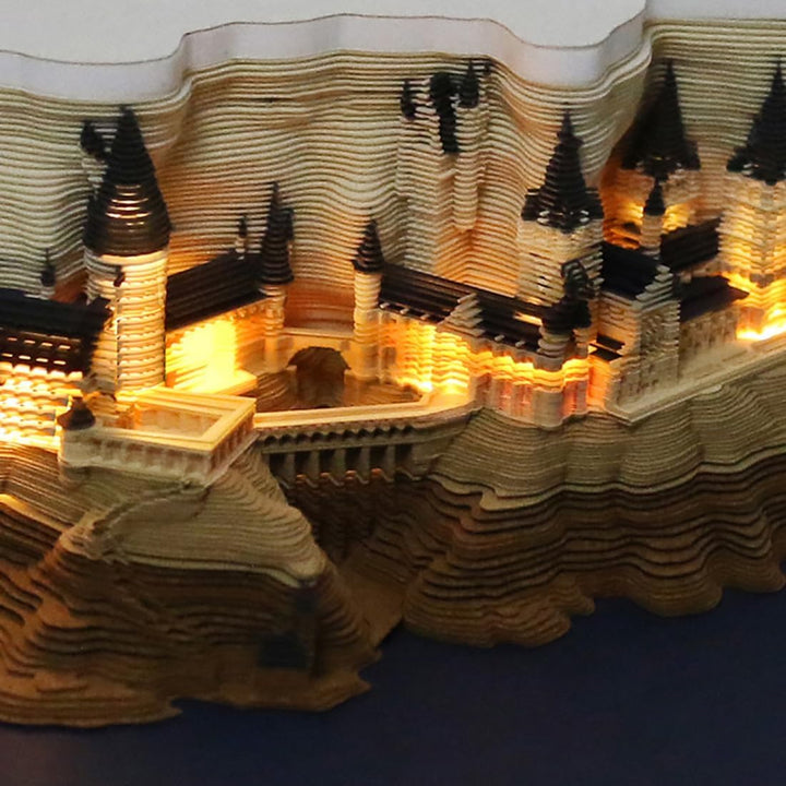 3D-Notizblock, 2024 Tischkalender-Notizblock, 3D-Magic Castle-Wochenkalender mit Licht und Stifthalt