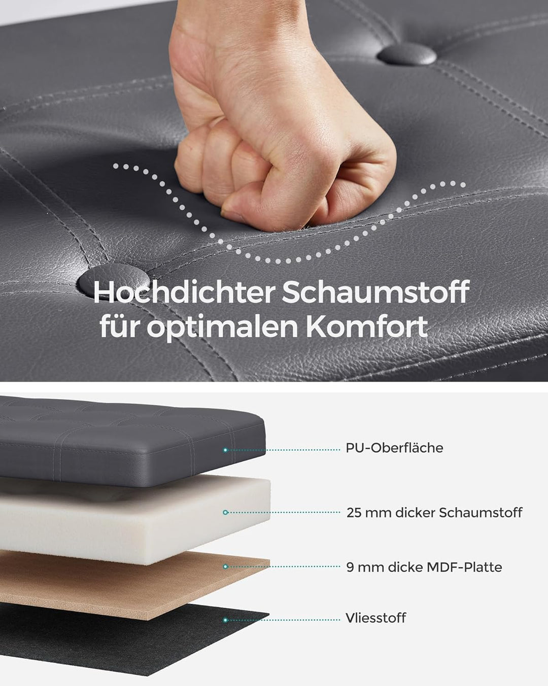 SONGMICS LSF070G01 Sitztruhe, Sitzbank, Holzwerkstoff, Dunkelgrau, 110 x 38 x 38 cm Dunkelgrau 110L