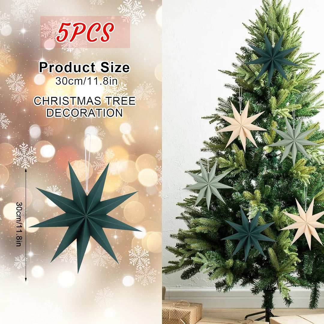5 Stück Papiersterne Weihnachten Beige 30cm Salbeigrün 9 Zacken Creme Papiersterne Faltsterne Aufhän
