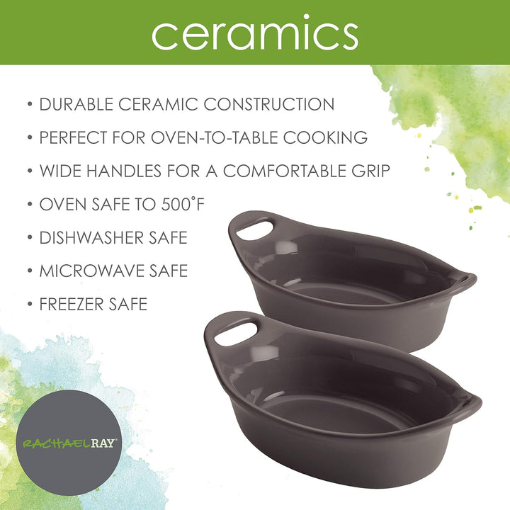 Rachael Ray Solid Glaze Ceramics Au Gratin Bakeware/Baker Set, Oval - 2 Piece, Gray 2 Piece grau, 2