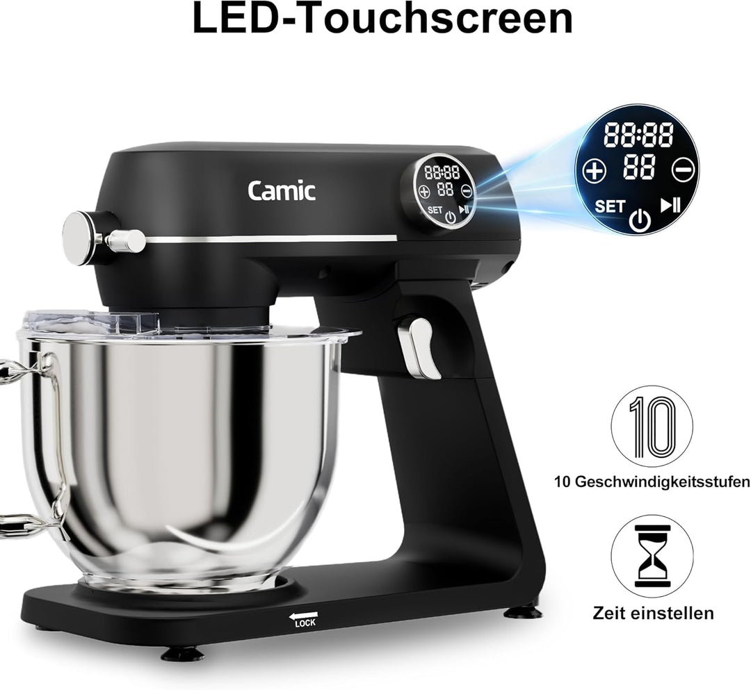 Camic Küchenmaschine 1800W, Knetmaschine aus Vollmetall mit 10 Stufen, digitaler Touchscreen, Timer,