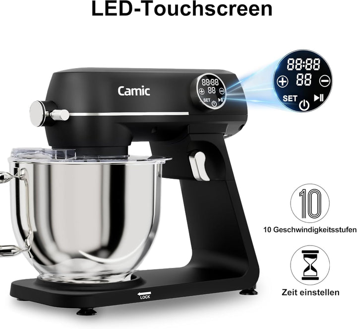 Camic Küchenmaschine 1800W, Knetmaschine aus Vollmetall mit 10 Stufen, digitaler Touchscreen, Timer,