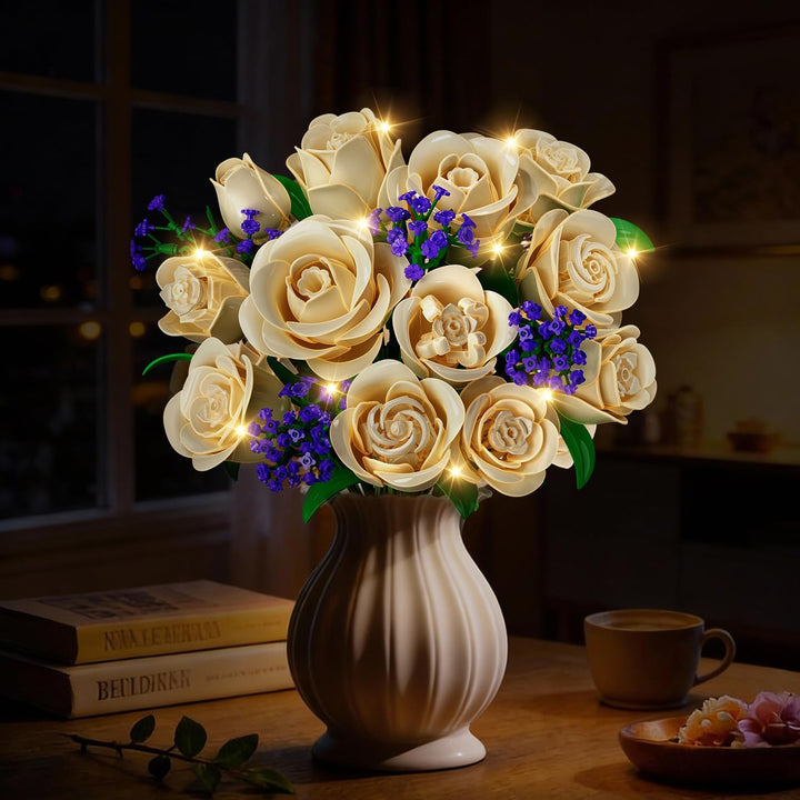 Weisse Rosenblumenstrauss-BAU Set 523 Teile Pflanzen-Sammlung Bausteinspielzeug, 12 Blumen als Heim-