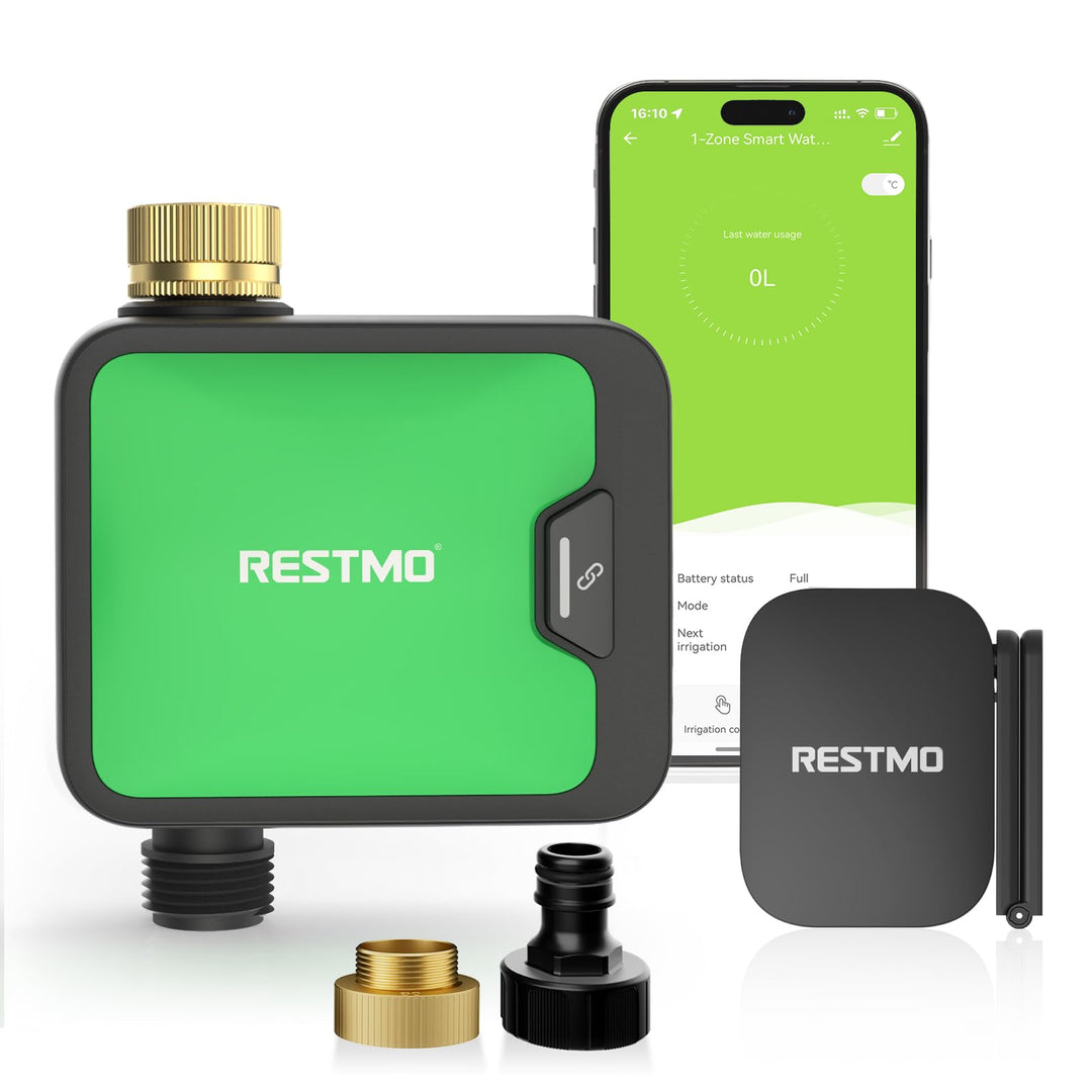 RESTMO 1 Zone Bewässerungscomputer WLAN + RF Hub mit Durchflussmesser, Automatische Garten Bewässeru