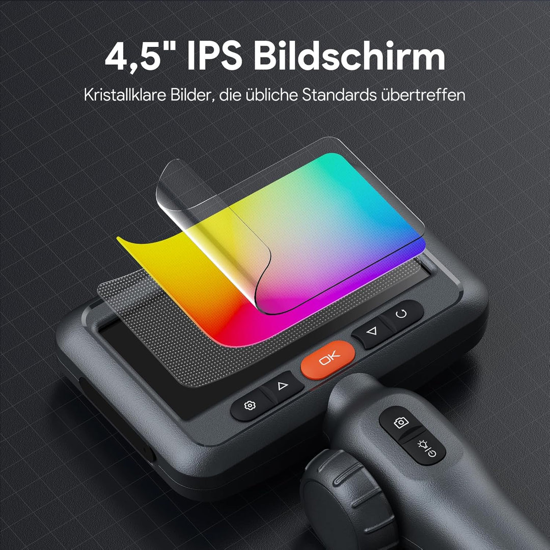 DEPSTECH 6.2mm Drehbar Endoskopkamera mit Licht, 1080P Endoskopkamera Beweglicher Kopf 210°, 4,5" IP