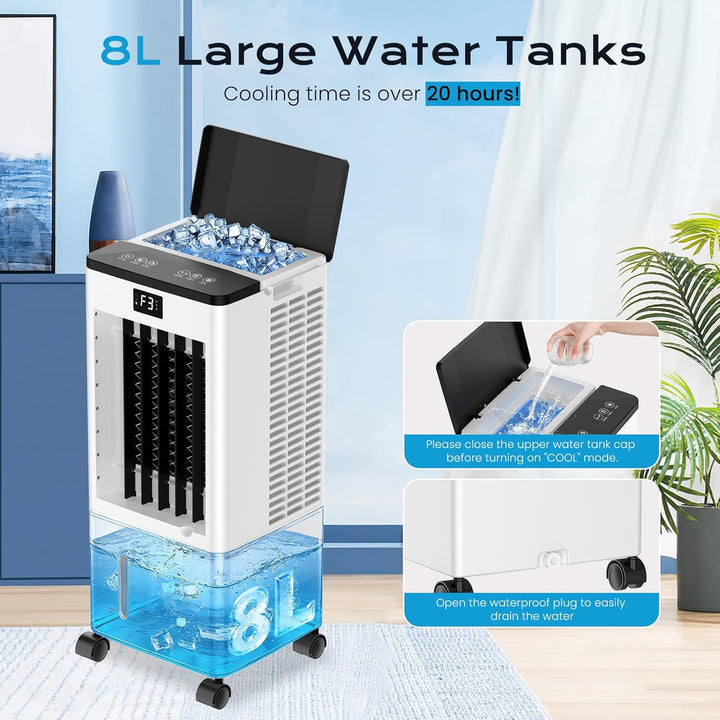 Klimaanlage Mobil Ohne Abluftschlauch, 4 IN 1 Verdunstungskühler Wassertank Leiser Luftkühler Schlaf