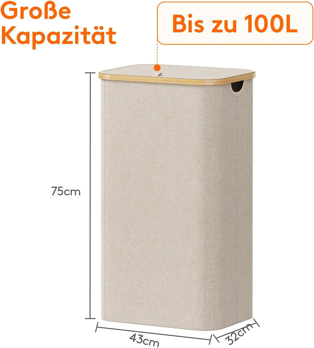 Lifewit 100L Wäschekorb mit Deckel, Wäschekörbe für Wäsche mit Bambus Griffe und Eine Abnehmbare Wäs