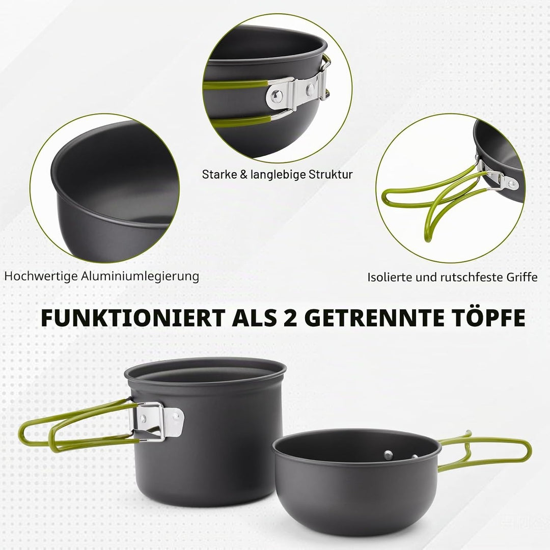 Outdoor Kochgeschirr Set Camping – 1,25L Topf & 0,65L Pfanne mit 0,3L Edelstahlbecher – Leichtes, Ro