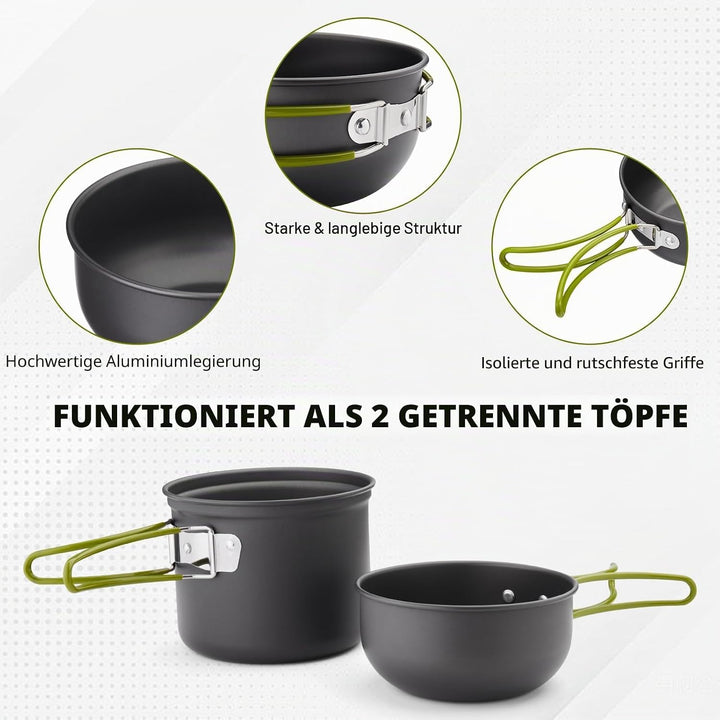 Outdoor Kochgeschirr Set Camping – 1,25L Topf & 0,65L Pfanne mit 0,3L Edelstahlbecher – Leichtes, Ro
