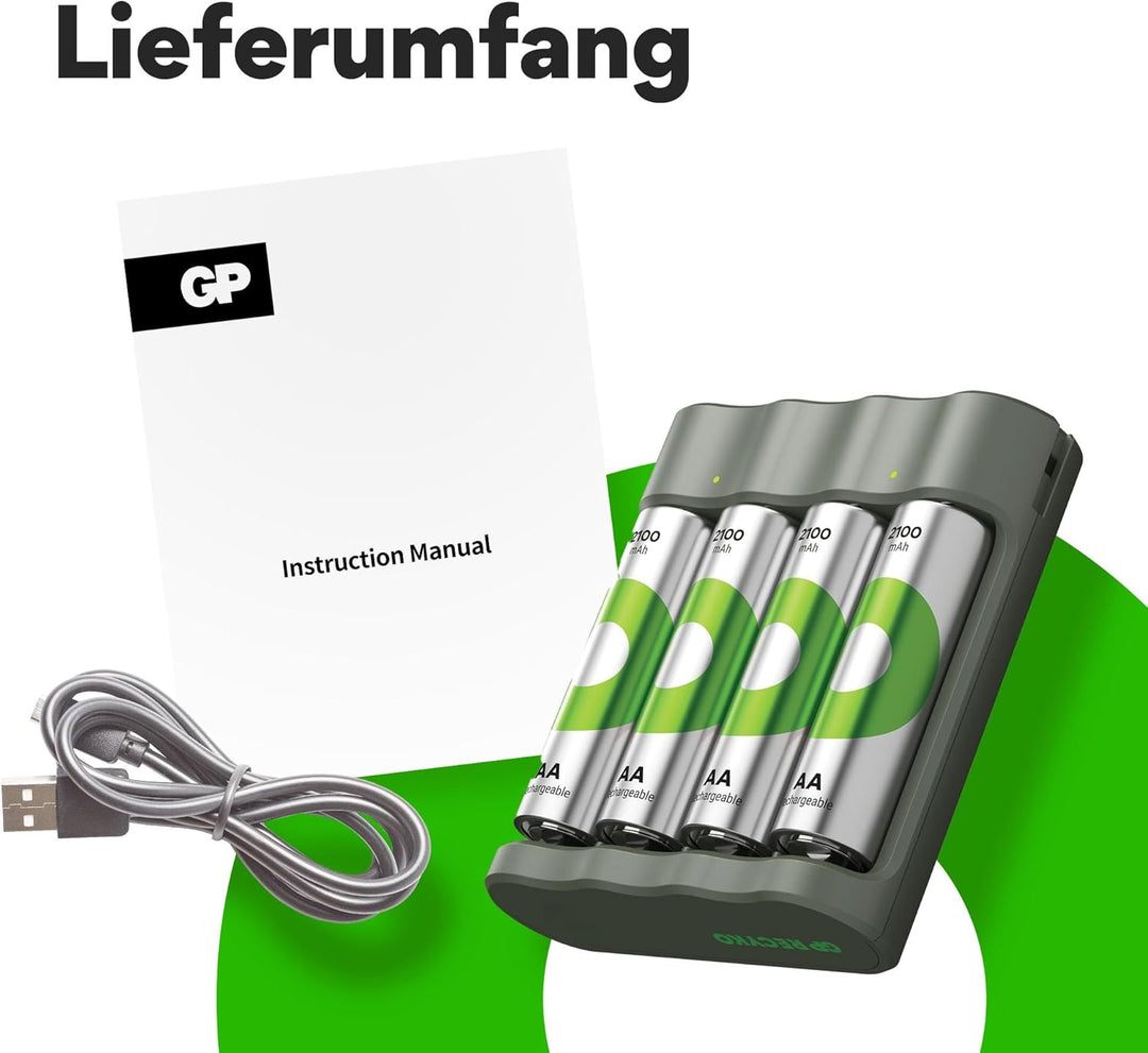 GP ReCyko USB Batterie Ladegerät AA AAA incl. 4 Stück Akku AA 2100mAh, NiMH 1,2V Akku Ladegerät mit
