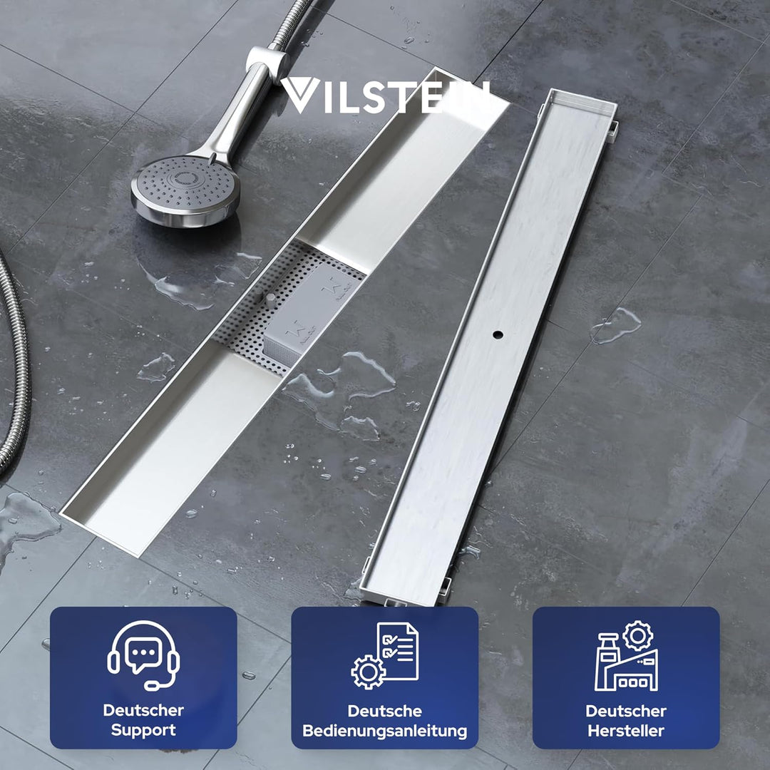 VILSTEIN Duschrinne 110cm | Befliesbar | Edelstahl Bodenablauf Komplettset | Extra flach | Siphon mi