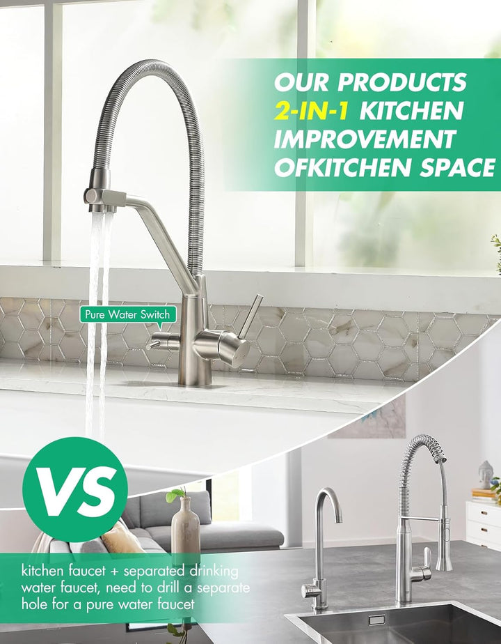 3 Wege Wasserhahn Küche,Küchenarmatur-360° Drehbar,mit 3 in 1 Wasserhahn für Wasserfilter,Spiralfede