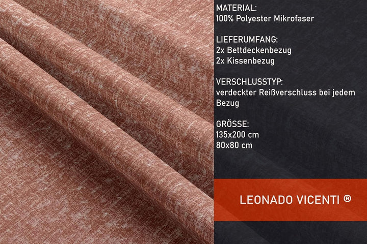 Leonado Vicenti 4tlg. Bettwäsche Microfaser Set 135x200 Apricot Rot Meliertes Einfarbig Bettbezug Ki