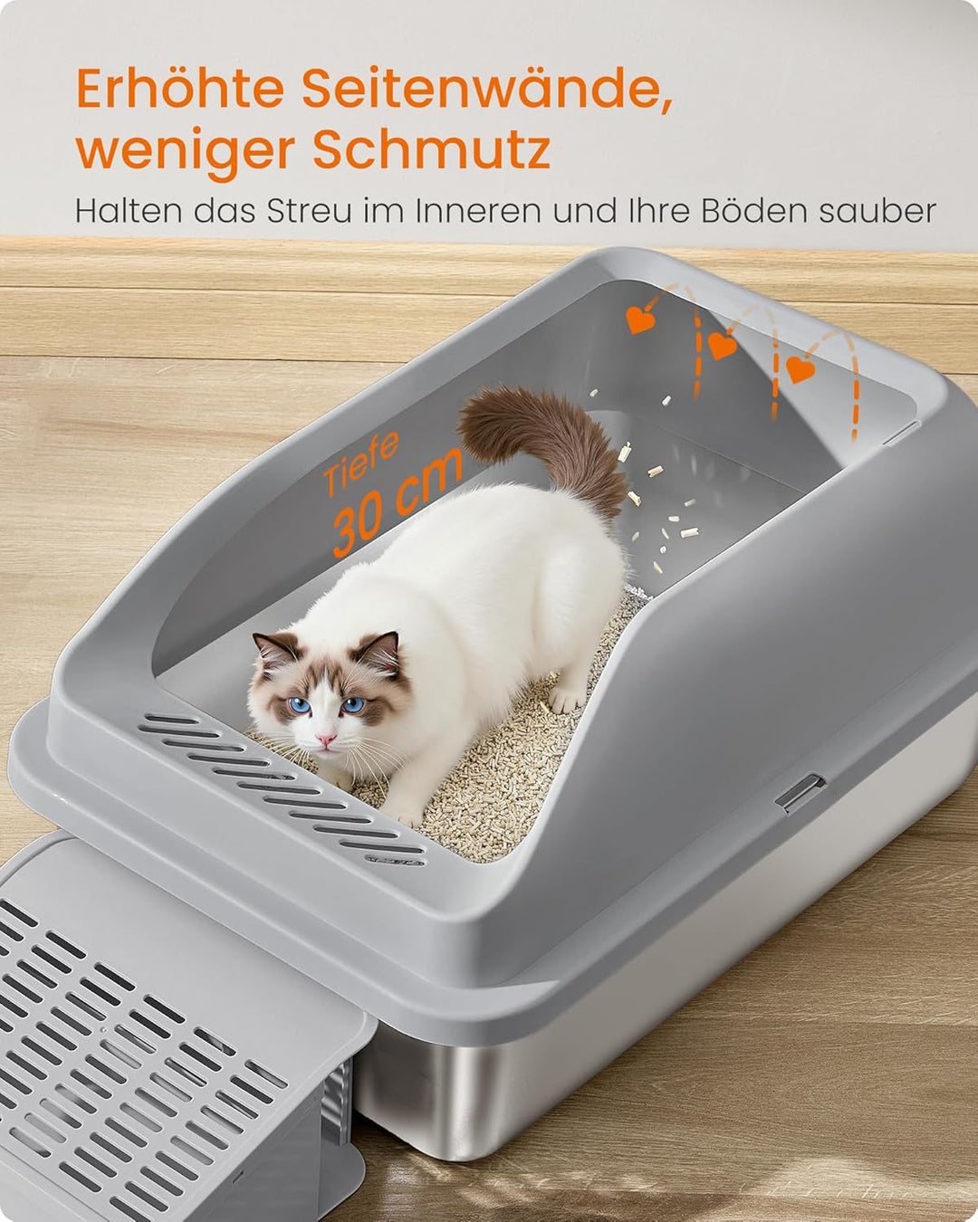 Feandrea Katzenklo Edelstahl, Katzentoilette, offenes Design, mit hohen Seitenwänden, Trittstufe, Sc
