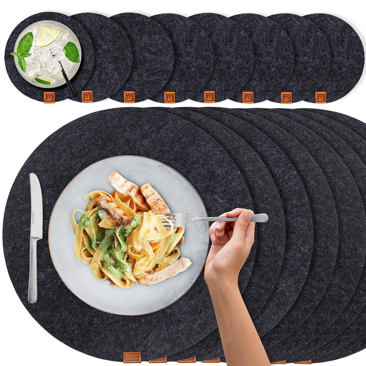 Miqio® Design Runde Tischsets aus Filz abwaschbar | Mit Marken Echtleder Label und Glasuntersetzer |