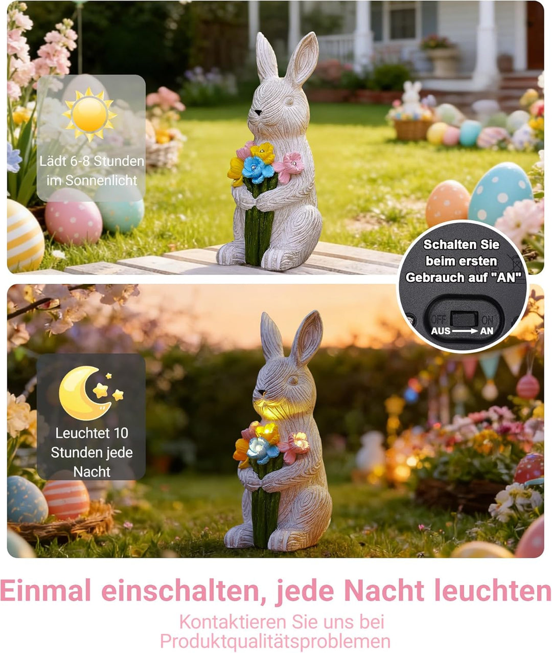 Yeomoo Kaninchen Figuren mit Blumen Solarlampen Gartendeko Deko Zimmer - Lustige Hase mit Solarleuch