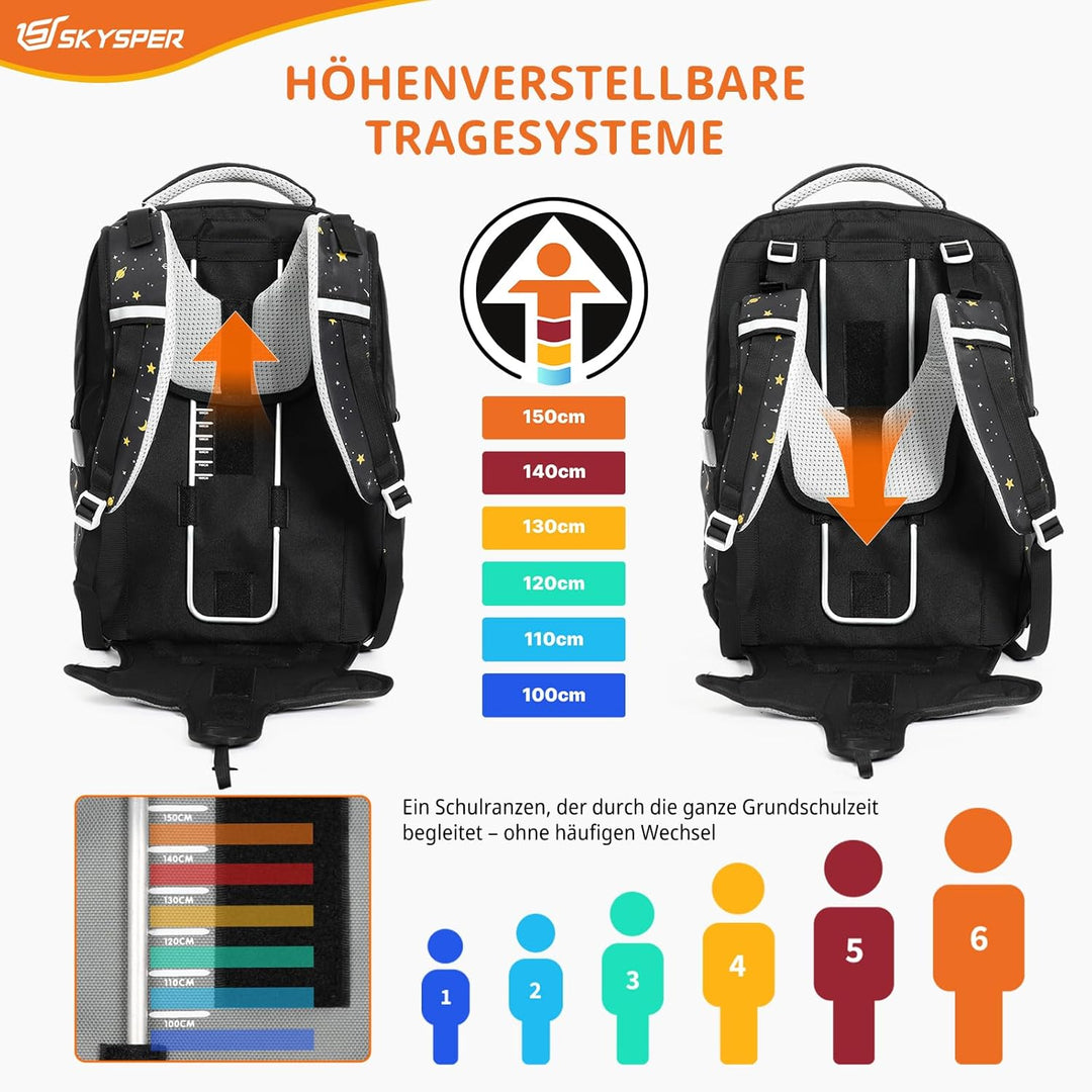 SKYSPER Schulranzen-Set 5-teilig, Schulrucksack Ergonomischer Tragesystem 16L Schulranzen mit 360° R