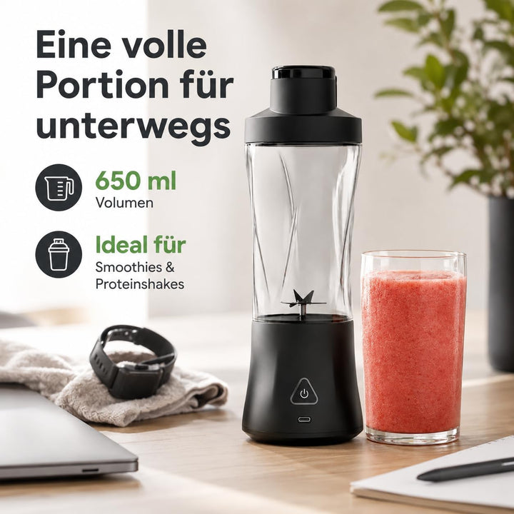 Tragbarer Mini Mixer mit Akku 6000 mAh, 240W Smoothie Maker, 650 ml To-Go Blender, 6 Edelstahlklinge