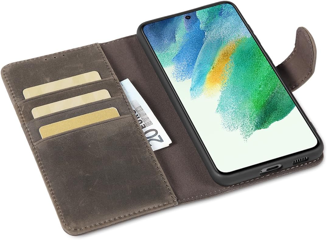 LENSUN Lederhülle für Samsung Galaxy S21 FE, Echtleder Handyhülle [Echtes Leder][RFID Schutz] Klappb