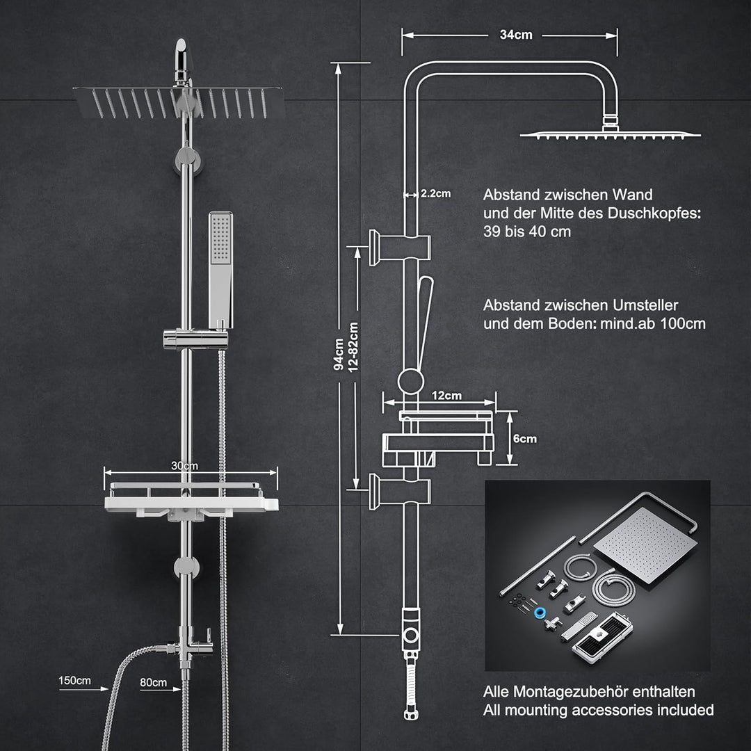 Görbach Regendusche Duschset Duschsystem mit Ablage Chrom ohne Duscharmatur (30x30) YT-3030CP-Ablage