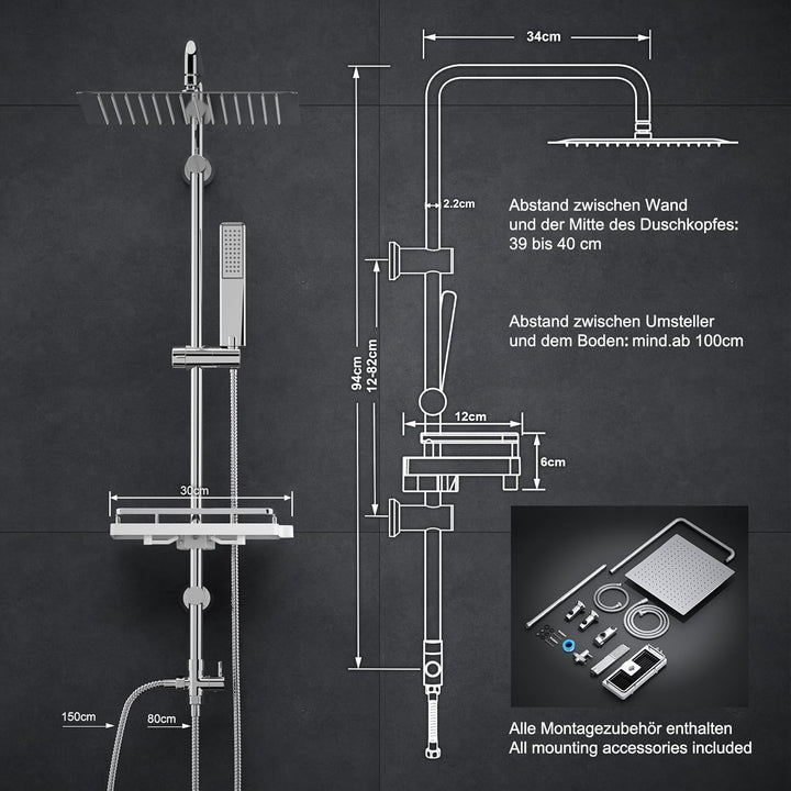 Görbach Regendusche Duschset Duschsystem mit Ablage Chrom ohne Duscharmatur (30x30) YT-3030CP-Ablage