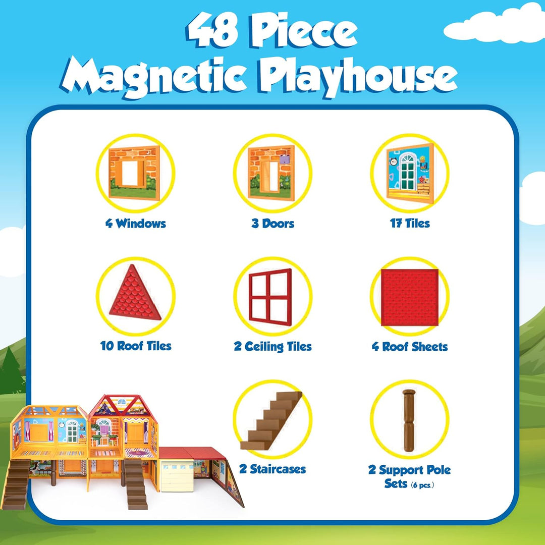 Playmags Magnetisches Bauspielzeug, Spielhaus-Bauset, 48 Magnetfliesen, Spielen und Bauen Sie kleine