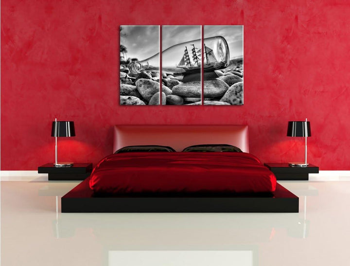 Pixxprint Flasche mit Schiff als Leinwandbild/Grösse: 3 Teilig (120x80) cm/Wandbild/Kunstdruck/ferti