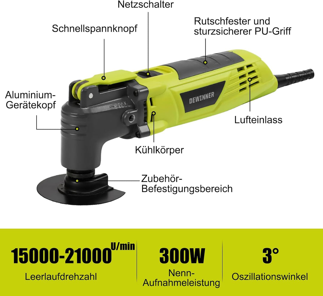 DEWINNER Oszillationswerkzeug, 300W Multifunktionswerkzeug, 3° Oszillationswinkel, 6 Variable Geschw